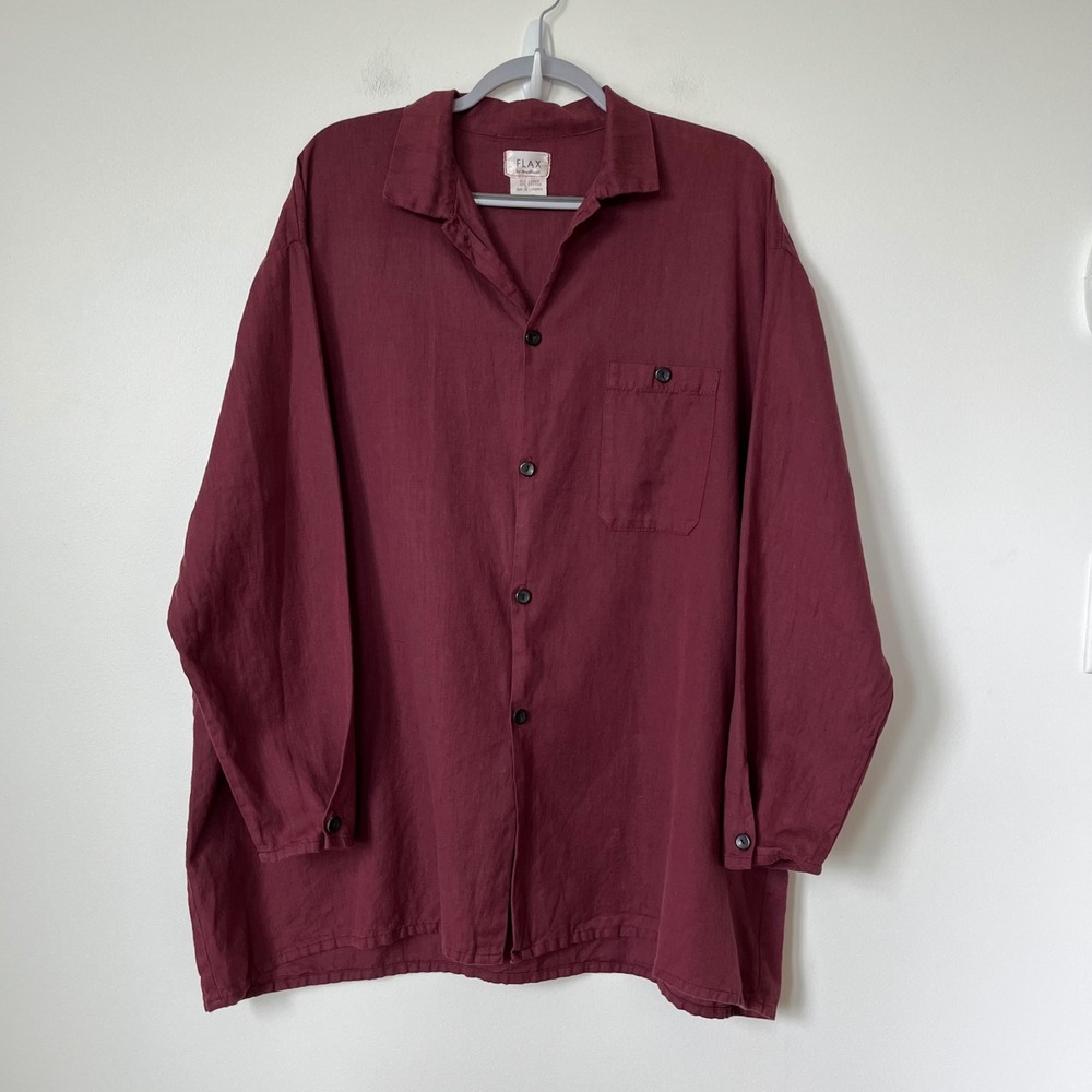 Flax Linen Blend Button Up Short Sleeve Shirt Mens Large Burgundy